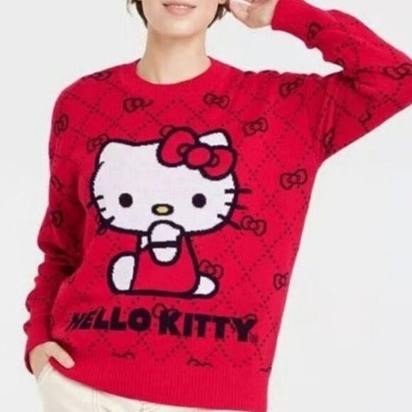 Hello Kitty by Sanrio Womens Sweater Size Medium Red Bow Pattern Long Sleeve - Picture 1 of 6